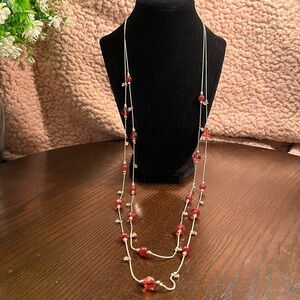 Long 2-strand gold-tone chain rose colored beads and clear rhinestones